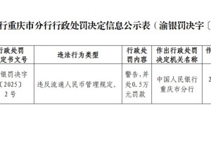 中国民生银行重庆九龙园区支行被罚0.5万元：违反流通人民币管理规定