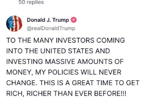 特朗普喊话投资者：我的政策永不改变